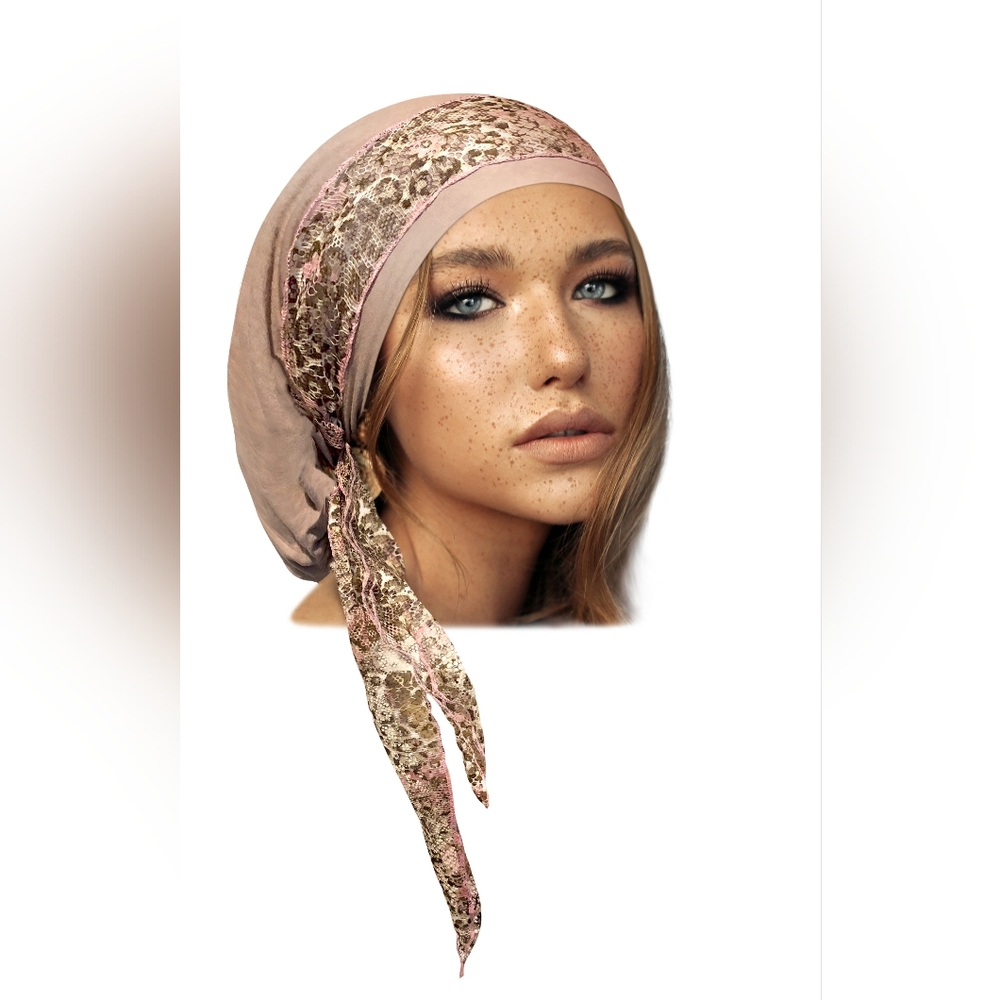 Taupe Headscarf With Pink Cheetah Floral Lace Tichel Friendly